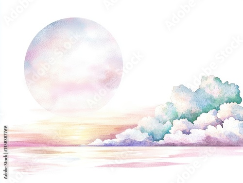 Twilight Silken Veil Embraces Horizon with Pastel Moon Reflected in Calm Waters Amidst Teal Rose-Hued Cloud Bank