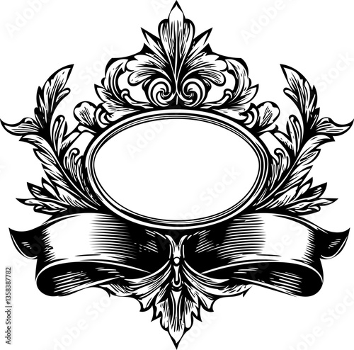 Ornate round vintage frame with decorative elements and flowing ribbon, vector illustration on transparent background
