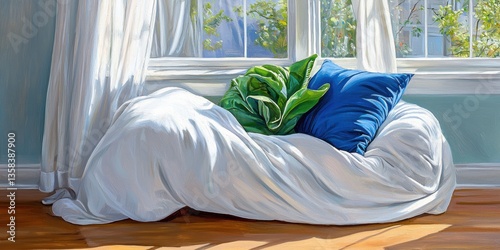 Sun-drenched room with golden light spilling through window onto white sheet draped over cushion and vibrant green plant