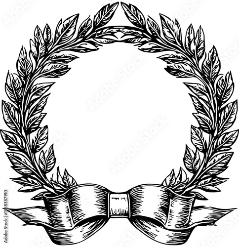 Elegant laurel wreath with ribbon in vintage engraving style, detailed black vector on transparent background
