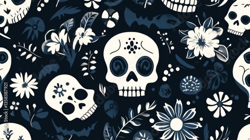 Dark Navy Floral Skull Pattern Seamless Repeat