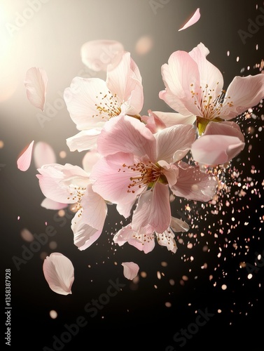 Twilight garden scene with delicate pink cherry blossoms illuminated by fairy lights and falling petals in magical ambiance