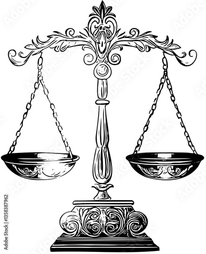 Antique balanced scale of justice with ornamental flourishes, vintage vector drawing on transparent background
