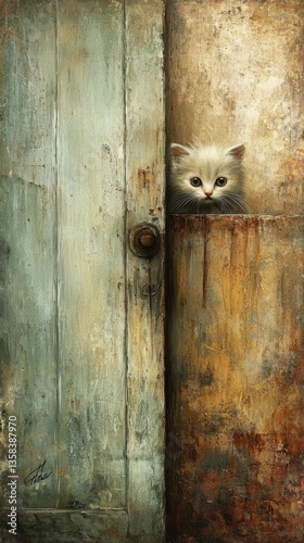 Tiny Wide-Eyed Silver Kitten Peeking Cautiously Through the Crack of an Aged Weathered Door with Its Large Curious Eyes