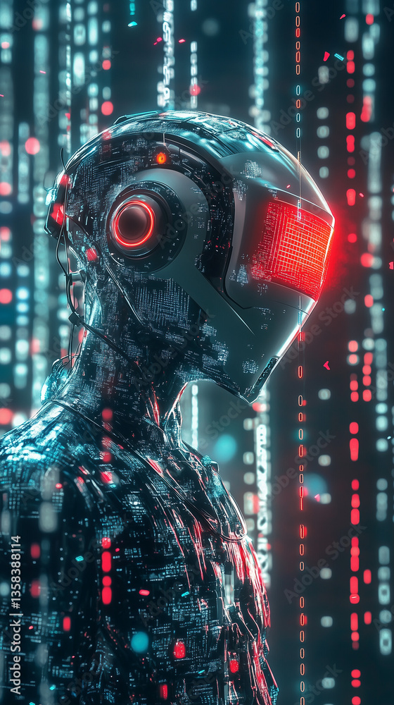 AI robot on virtual reality world with binary code background. 9:16 Aspect ratio