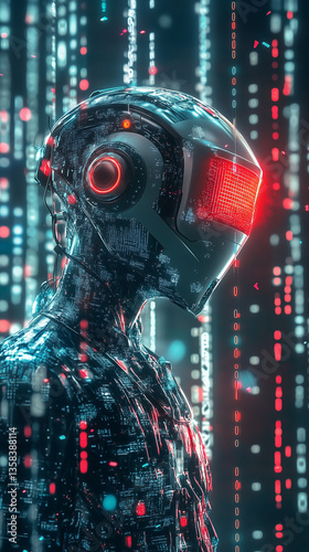 Obraz na płótnie AI robot on virtual reality world with binary code background. 9:16 Aspect ratio w salonie