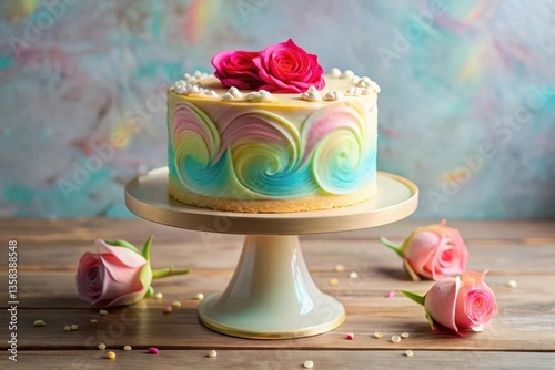 Pastel Swirl Cake with Delicate Rose Adornments on Elegant Cake Stand
