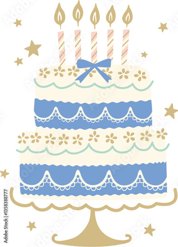 Illustrated Design of a Blue and White Double-Layer Birthday Cake with Candles
