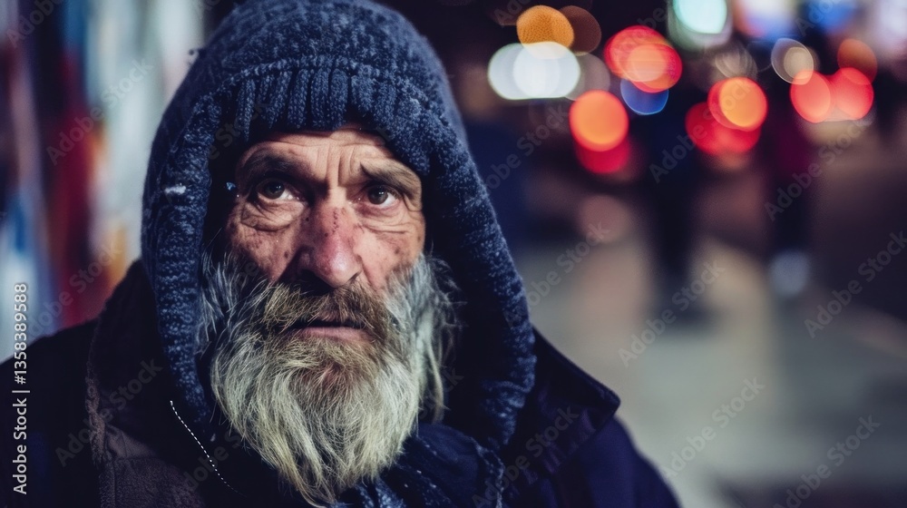 Fototapeta premium Destitute beggar, urban street: ragged clothing, weary face, empty hand, cold pavement, silent plea, lost hope, lonely figure, unseen struggle, harsh reality, desperate survival