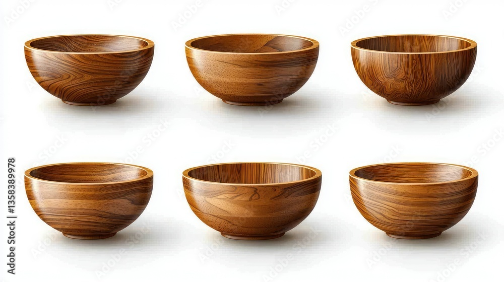 Six different wooden bowls are displayed on a white surface Six different wooden bowls are displayed on a white surface