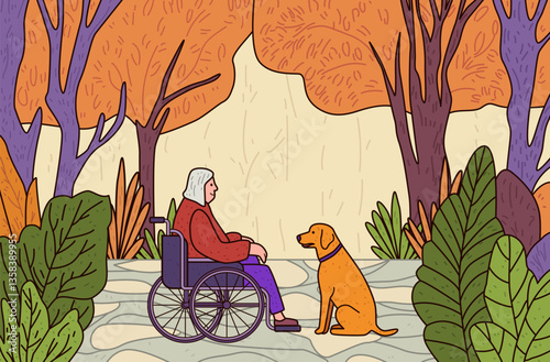 Elderly woman in wheelchair with dog companionship in autumn park scene vibrant foliage colorful trees peaceful nature setting digital art