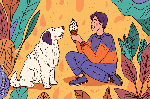 Dog and person sharing ice cream outdoors playful scene colorful leaves warm tones website design