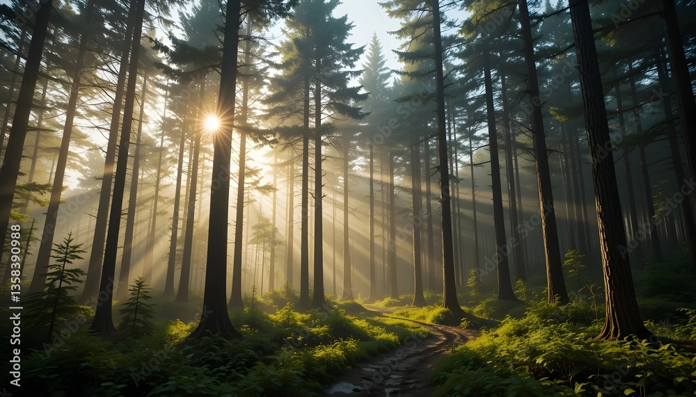 Obraz premium Sunlit Forest with Green Vegetation and Winding Dirt Path under Tall Trees