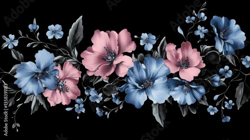 Blue and Pink Floral Arrangement on Dark Background