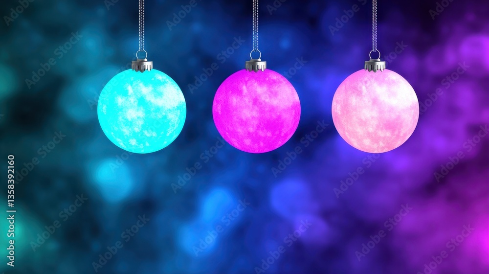Fototapeta premium Three Vibrant Glowing Christmas Ornaments in Teal Fuchsia and Rose Hang Against Blurry Brightly Lit Background Scene