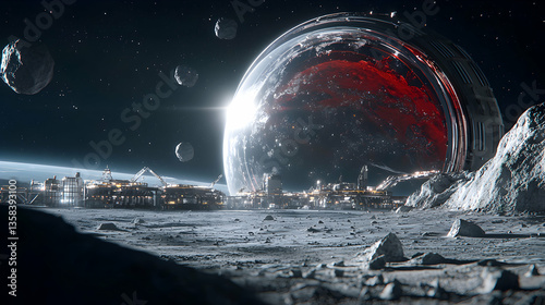 Fototapeta Naklejka Na Ścianę i Meble -  Futuristic space station on a moon surface. The station is near a red planet with a ring. Great for space exploration themes and sci-fi games.