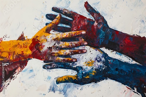 Oil painting titled 'Support', featuring conceptual abstract forms hands holding, painted with expressive acrylic smudges, perfect for themes unity and teamwork.