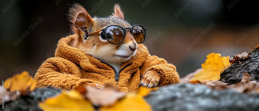 Obraz premium A stylish squirrel wearing sunglasses and a cozy warm sweater