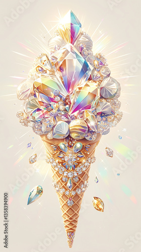 The Luxurious Crystal Gemstone Ice Cream Cone of Sparkling Fantasy Dessert. Ideal for use in digital art, posters, branding, and unique decorative compositions.