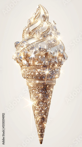 The Luxurious Crystal Gemstone Ice Cream Cone of Sparkling Fantasy Dessert. Ideal for use in digital art, posters, branding, and unique decorative compositions.