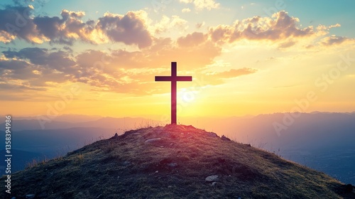 Good Friday Cross on Hill at Sunset – Christian Religious Symbolism, Faith, and Easter Celebration