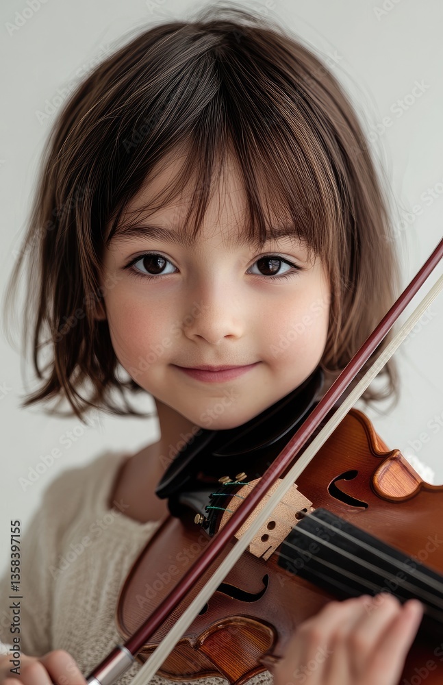 A cute little girl playing the violin, with short hair and bangs, and brown eyes, smiling slightly at the camera A cute little girl playing the violin, with short hair and bangs, and brown eyes, smiling slightly at the camera