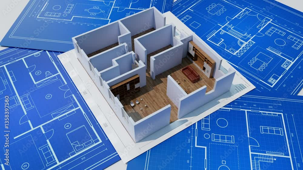 Architecture 3D animation of a house  and furniture  on top of blueprints building floor plan. 