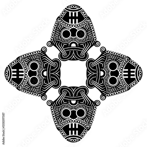 Square cross shape ethnic design with four Viking masks from ancient Denmark. Stylized human faces. Norse mythology. Deity Loki or Odin. Black and white silhouette.