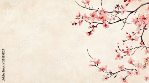 Pink Cherry Blossoms on Beige Watercolor Paper Background