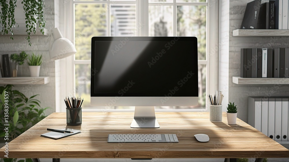 Fototapeta premium Stylish and Comfortable Workspace with Wooden Desk and Computer