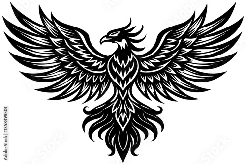 Fiery Phoenix Bird Vector – Mythical Flame Bird with Wings Spread on White Background