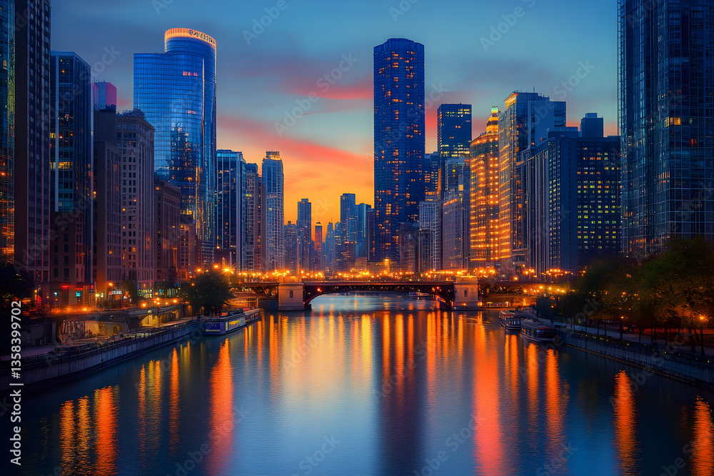 Fototapeta premium Twilight Cityscape: Urban Exploration Unveiled in Flickering Lights and Seamless Journeys