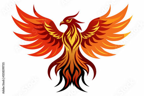 Fiery Phoenix Bird Vector – Mythical Flame Bird with Wings Spread on White Background