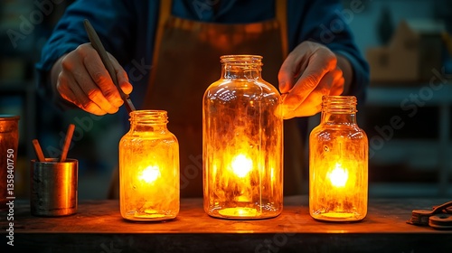 A person carefully crafts illuminated jars, creating a warm, glowing atmosphere in a workshop setting.
