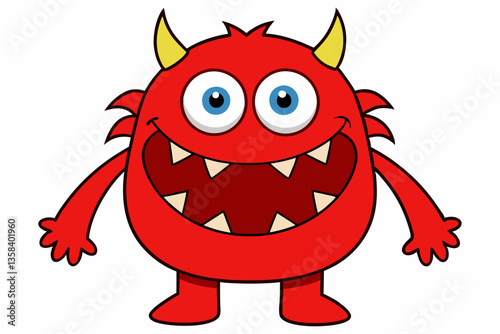 Cute Red Cartoon Monster with Big Eyes and Sharp Teeth – Vector Illustration