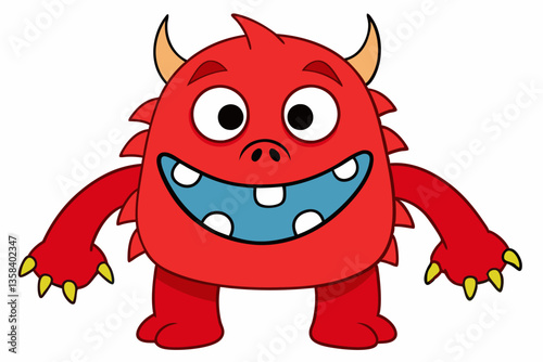 Cute Red Cartoon Monster with Big Eyes and Sharp Teeth – Vector Illustration