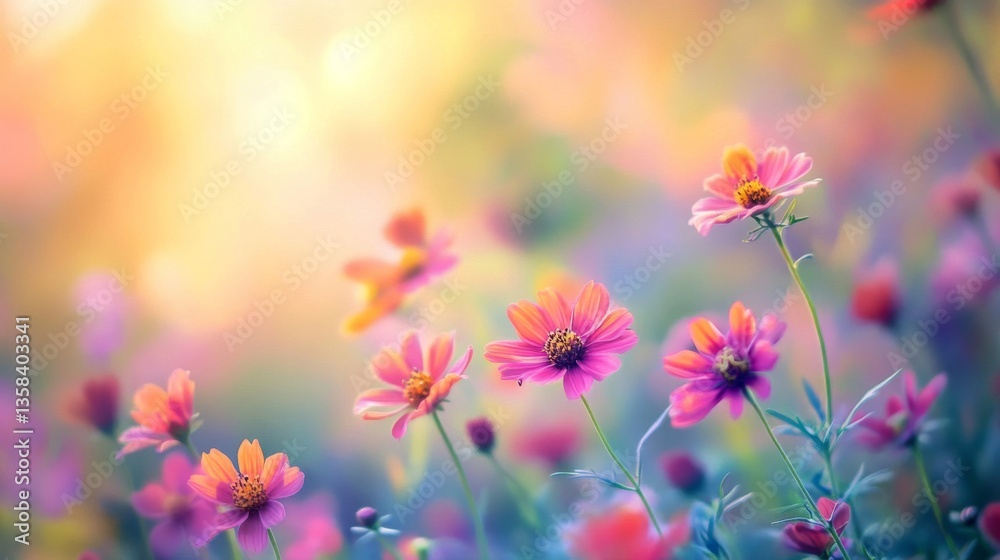Fototapeta premium Pastel Pink and Orange Cosmos Flowers in Sunlight