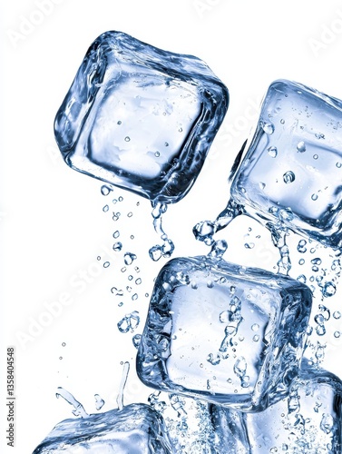 A cascade of sparkling ice cubes descends, adorned with droplets, against a pristine white background, evoking refreshment.