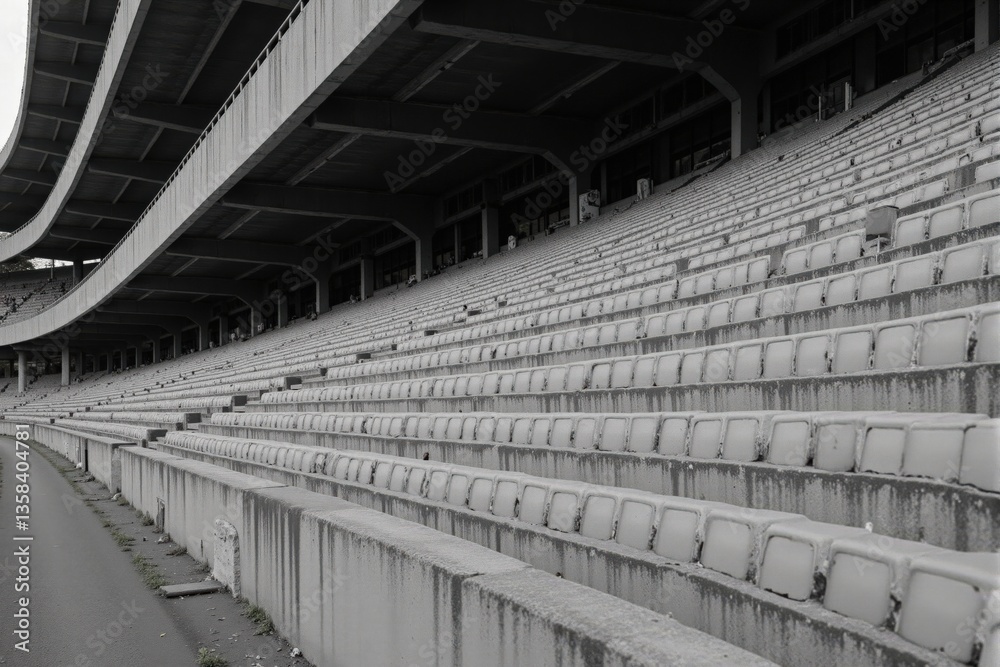 Deserted Stadium Bleachers: An Empty Row of Gray Seating at a Sports Arena Capturing the Desolate Atmosphere of Unused Spectator Space Deserted Stadium Bleachers: An Empty Row of Gray Seating at a Sports Arena Capturing the Desolate Atmosphere of Unused Spectator Space