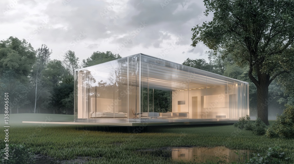 Obraz premium Modern Transparent House Prototype in Serene Natural Surroundings