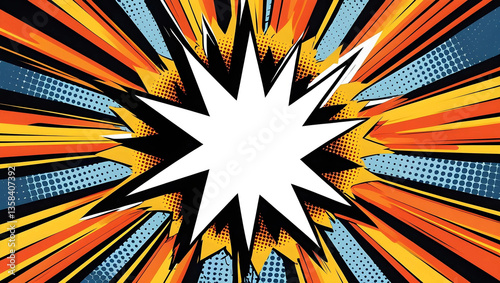A vibrant comic-style explosion background with a bold white burst in the center, outlined in black, surrounded by dynamic orange rays and halftone dots. The energetic design gives a sense of action