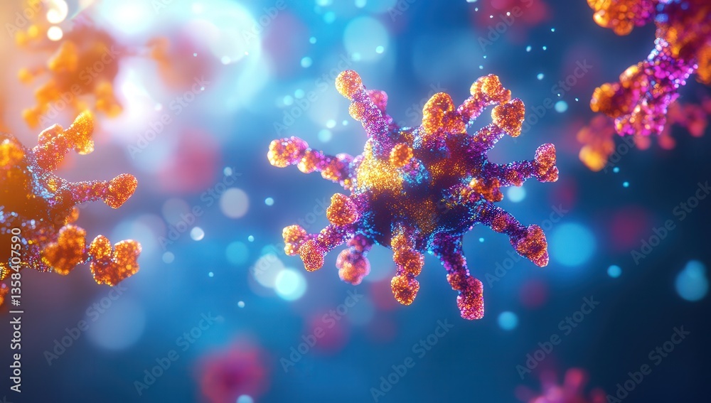 Fototapeta premium Colorful abstract representation of virus particles in a vibrant blue light.