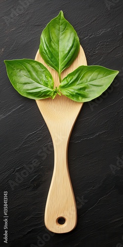 Three Lush Green Basil Leaves on a Wooden Spatula Styled for Elegant Pasta Food Photography on a Dark Background