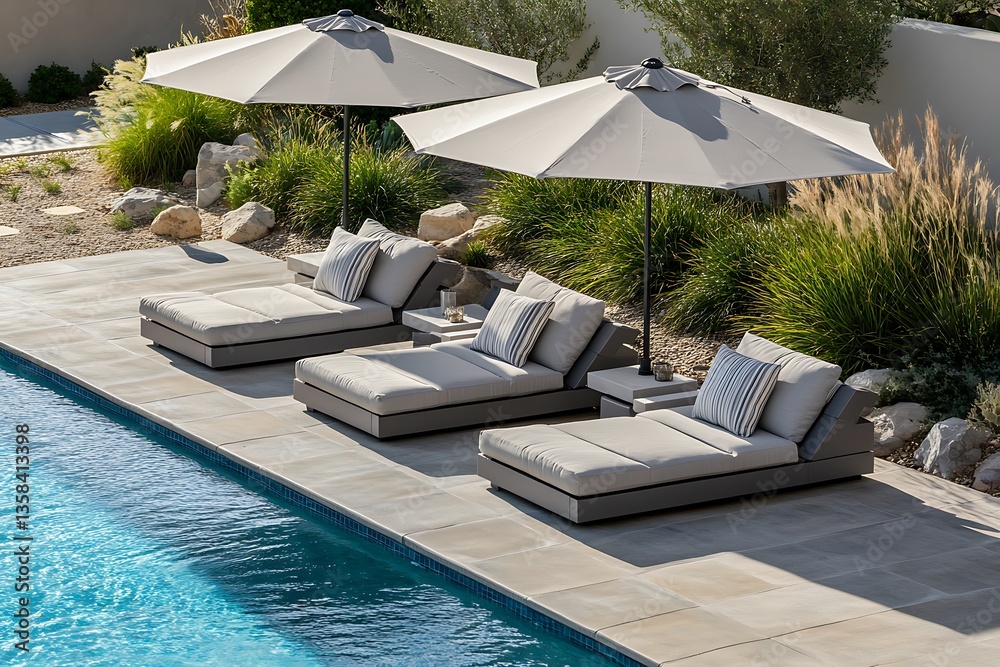 Fototapeta premium Poolside lounge with modular sun loungers and adjustable umbrellas for optimal sun protection.