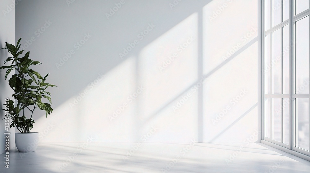 Fototapeta premium Stylish White Office Wall Corner with Natural Light and Plant