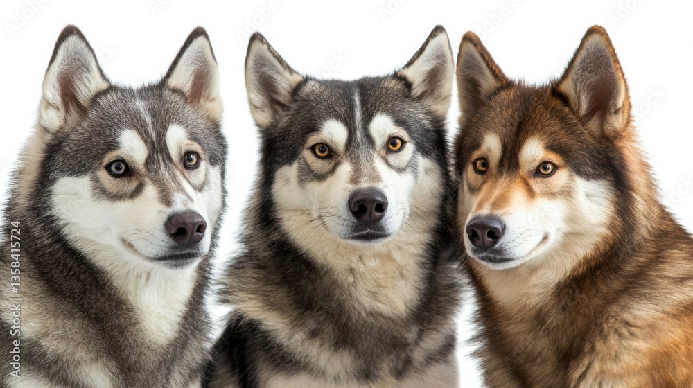 Three Unique Huskies with Distinct Fur Patterns Posed Together Three Unique Huskies with Distinct Fur Patterns Posed Together