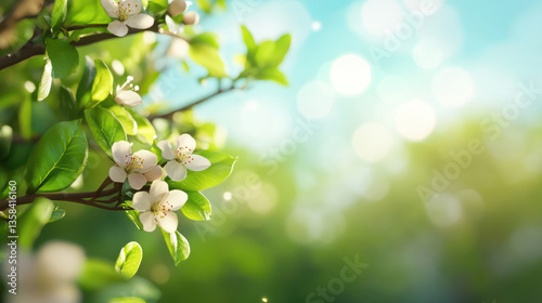 beautiful spring scene featuring blossoming flowers on branch, surrounded by vibrant green leaves and soft, blurred background that evokes sense of tranquility and renewal