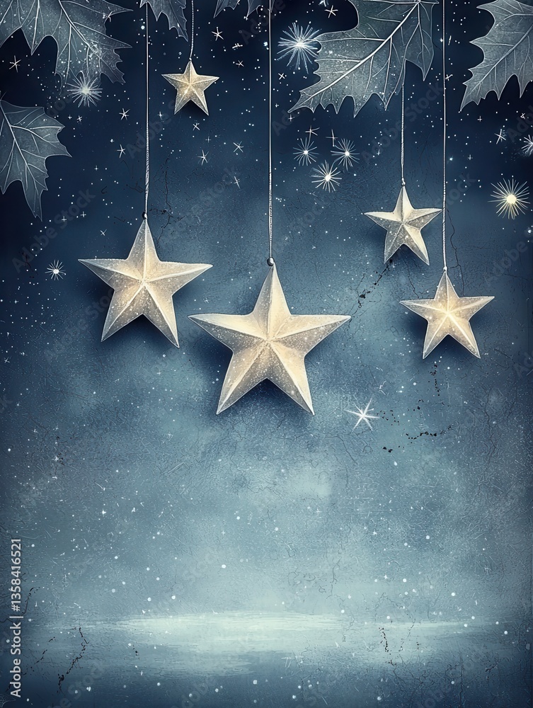 Fototapeta premium Enchanting twilight scene with silver stars dangling from lush emerald leaves above shimme hidden lagoons and landscapes