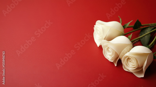 Elegant white roses arranged on vibrant red background create romantic atmosphere, perfect for expressing love and affection on special occasions