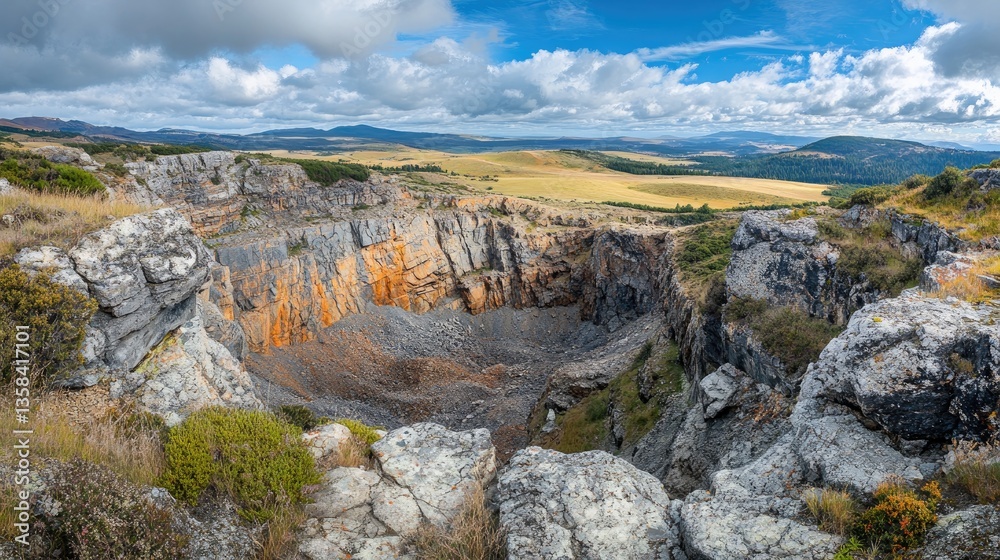 A panoramic view of an open-pit gemstone mine, revealing layers of rock and minerals.